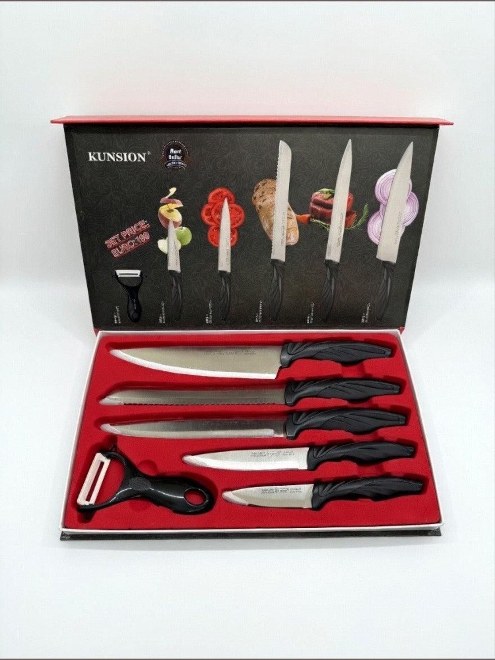 KUNSION 6-Piece Knife Set with Peeler - Black Handles, Silver Blades